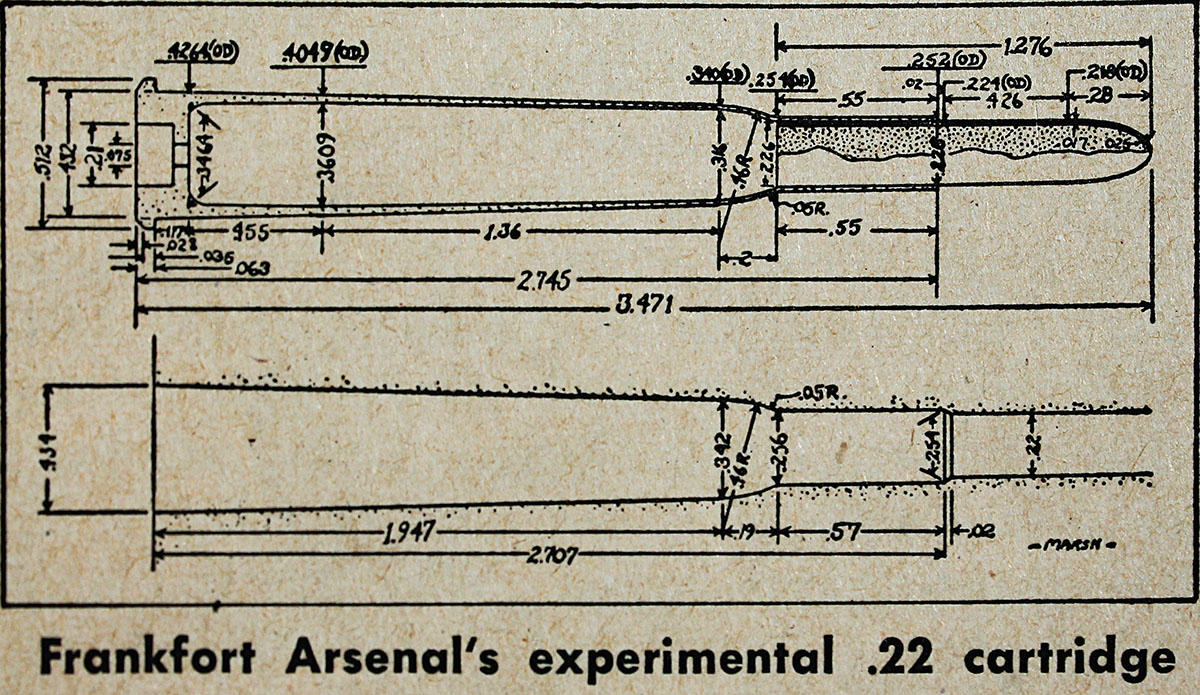 A blueprint of the 0.22-inch Caliber Cartridge for the Experimental Arm (top), designed by Lieutenant Dickson, Ordnance Department, is shown with what appears to be the chamber dimension (bottom).